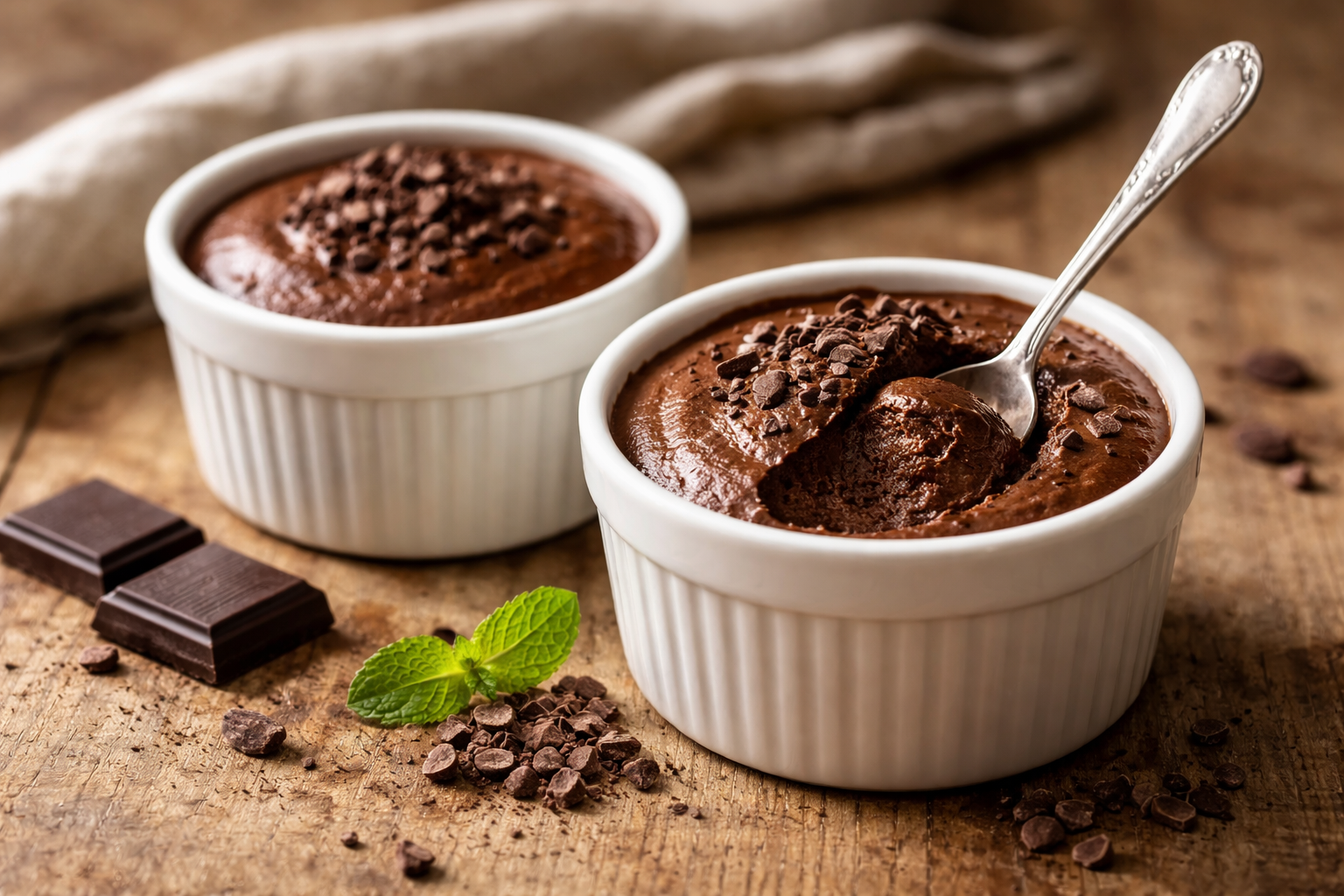 Ingrédients pour mousse au chocolat disposés sur un plan de travail