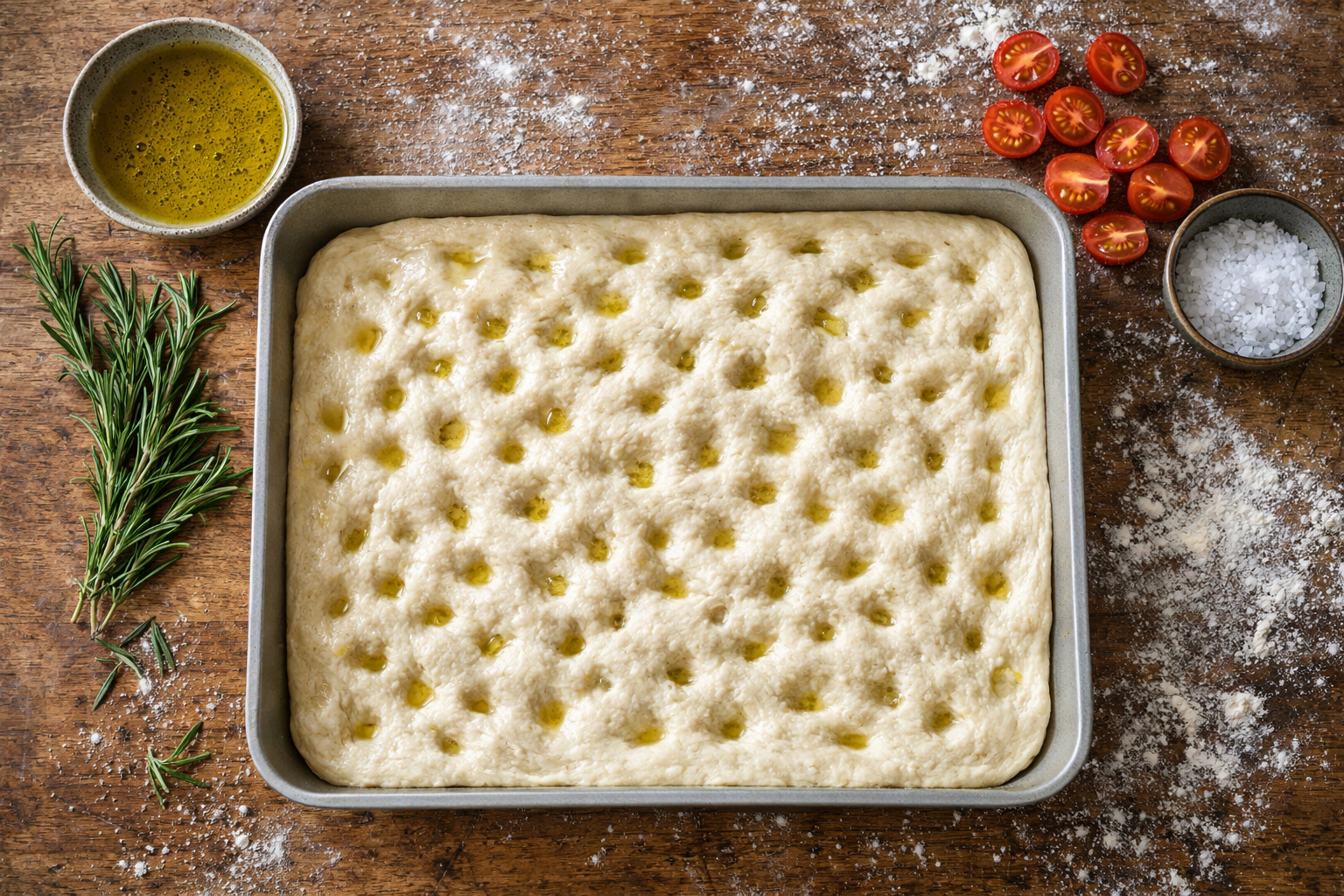 Préparation de la focaccia maison avec pâte alvéolée, romarin et tomates cerises
