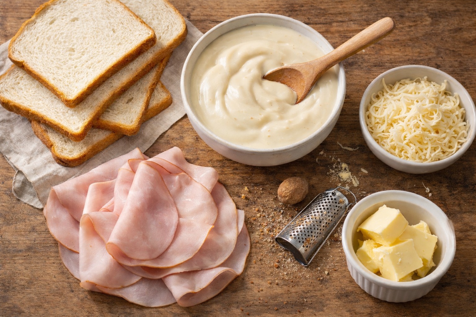 Ingrédients pour croque-monsieur : pain de mie, béchamel, jambon et gruyère râpé sur un plan de travail en bois