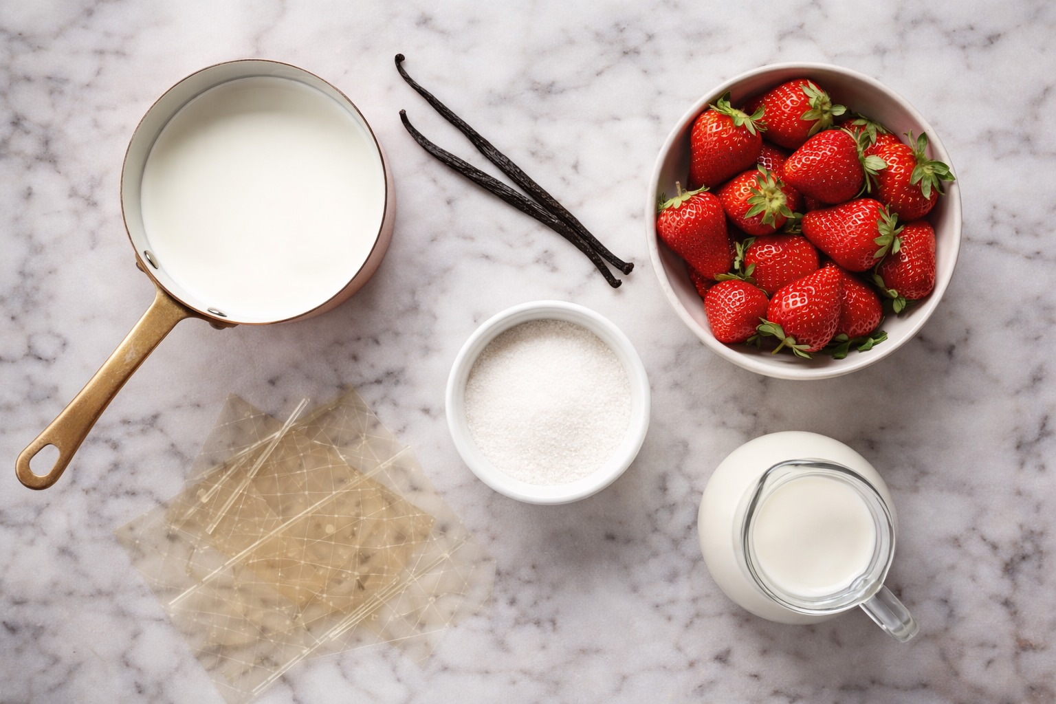 Ingrédients pour panna cotta vanille : crème, fraises, gélatine, vanille et sucre