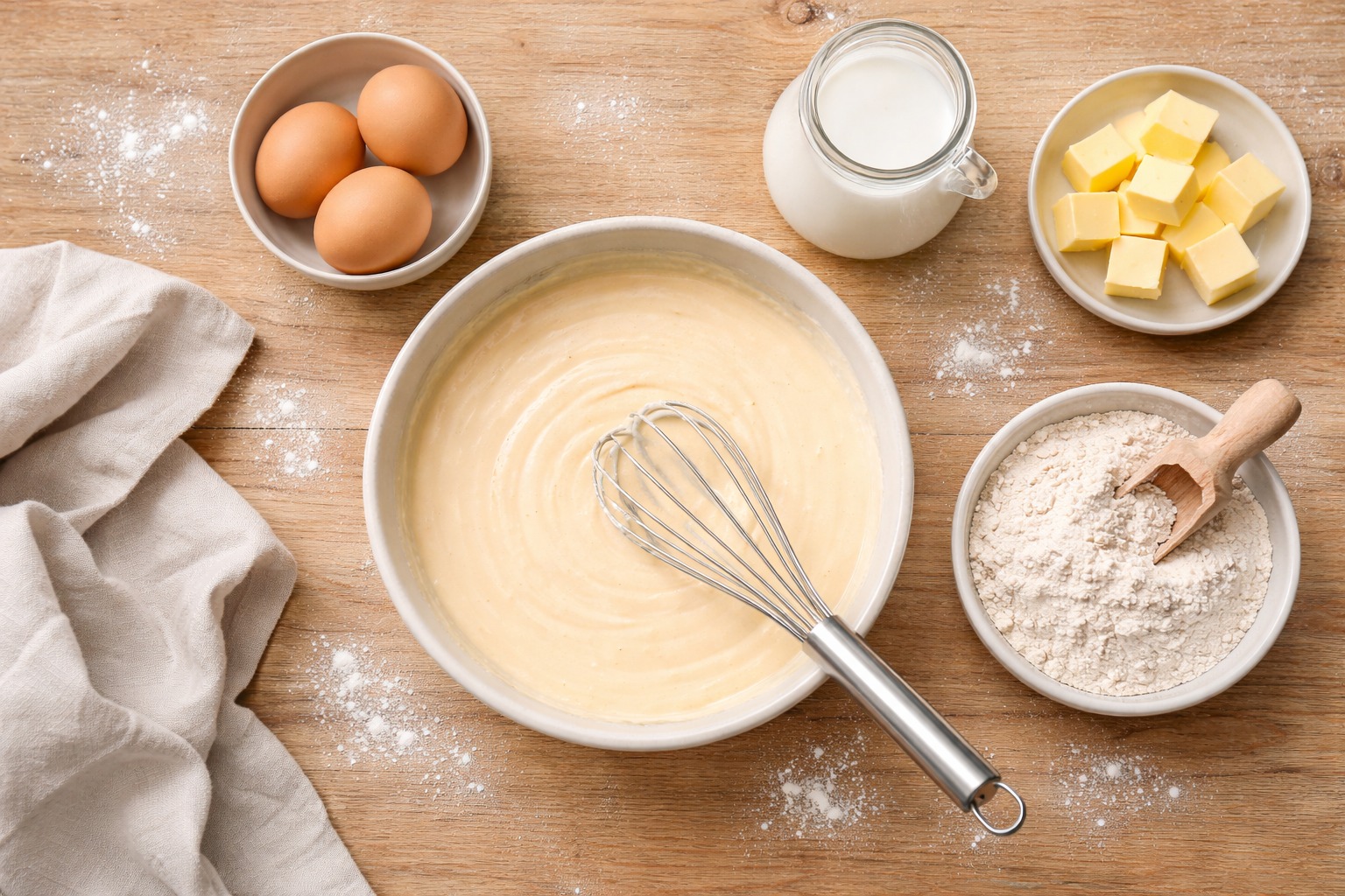 Ingrédients pour la pâte à gaufres maison disposés sur un plan de travail en bois