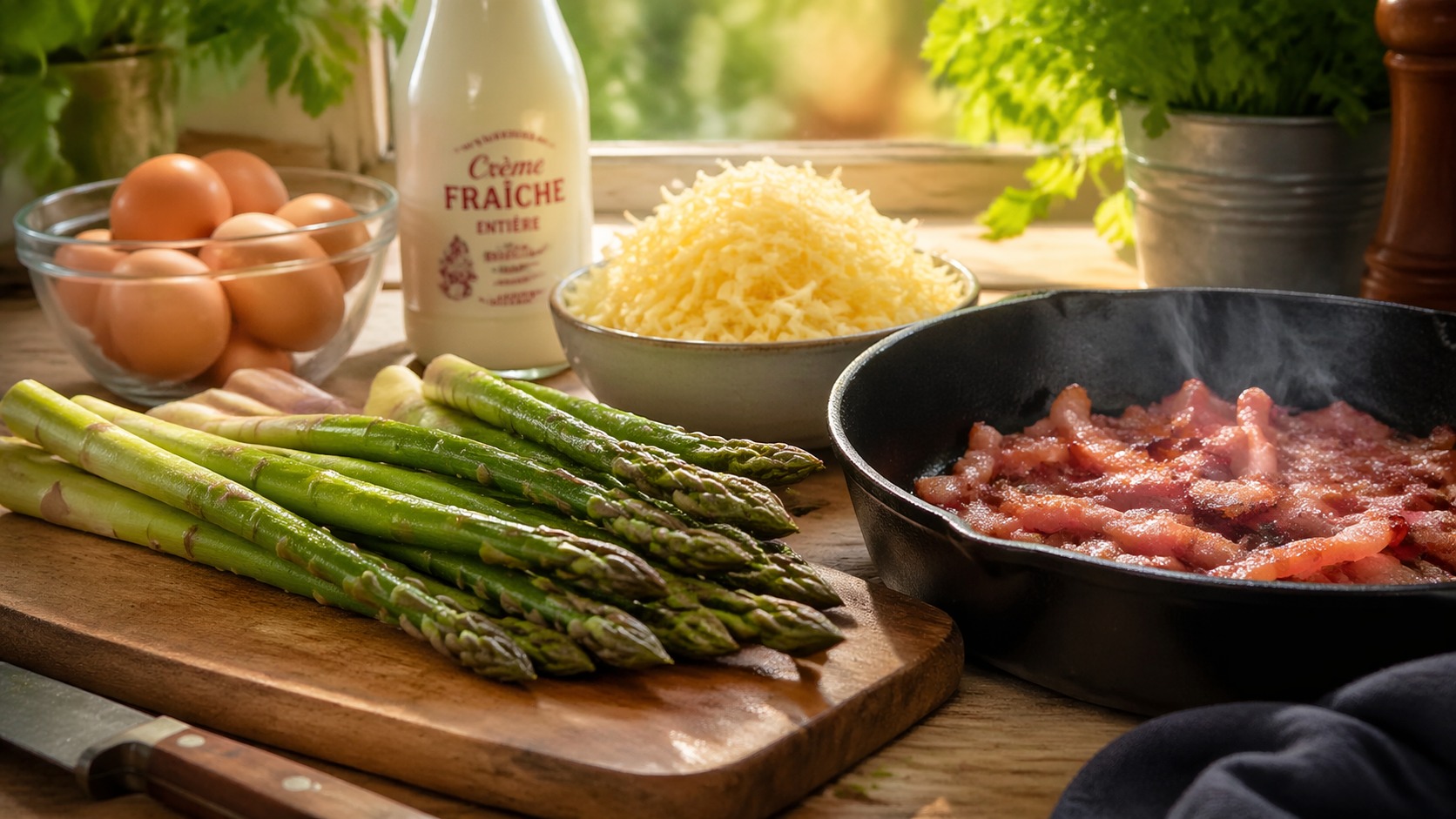 Ingrédients pour la quiche aux asperges vertes et lardons : œufs, crème, gruyère, asperges fraîches