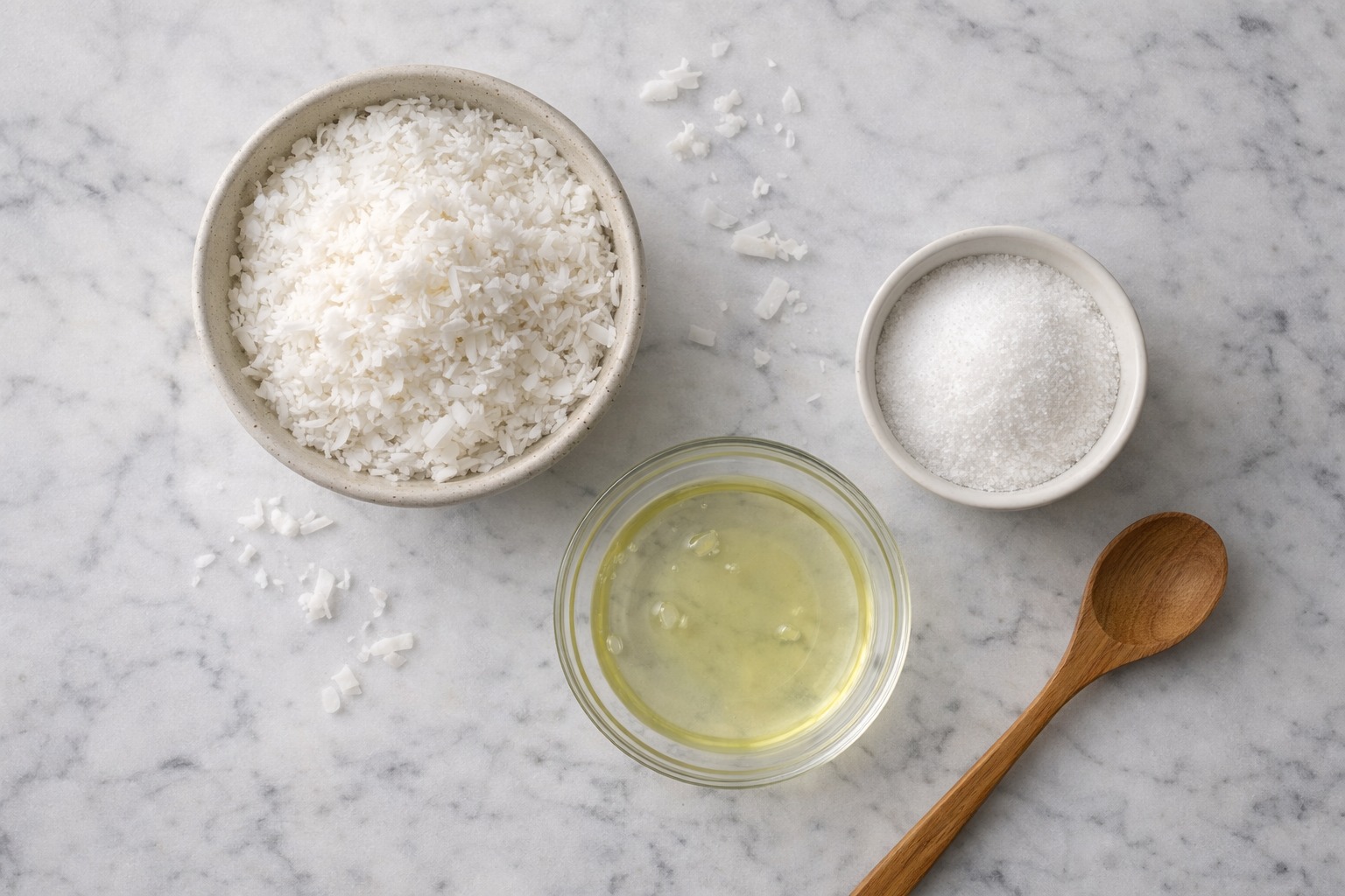 Ingrédients pour rochers coco : noix de coco râpée, sucre et blancs d'œufs