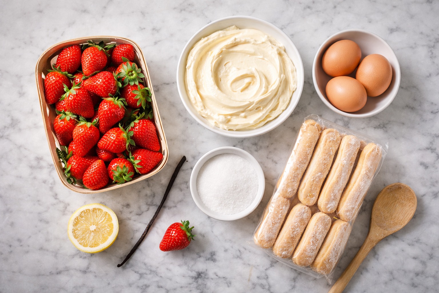 Ingrédients pour préparer un tiramisu aux fraises sur plan de travail en marbre