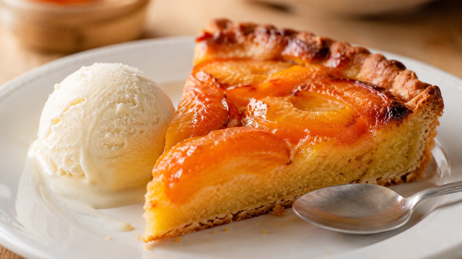 Part de tarte aux abricots accompagnee d une boule de glace vanille