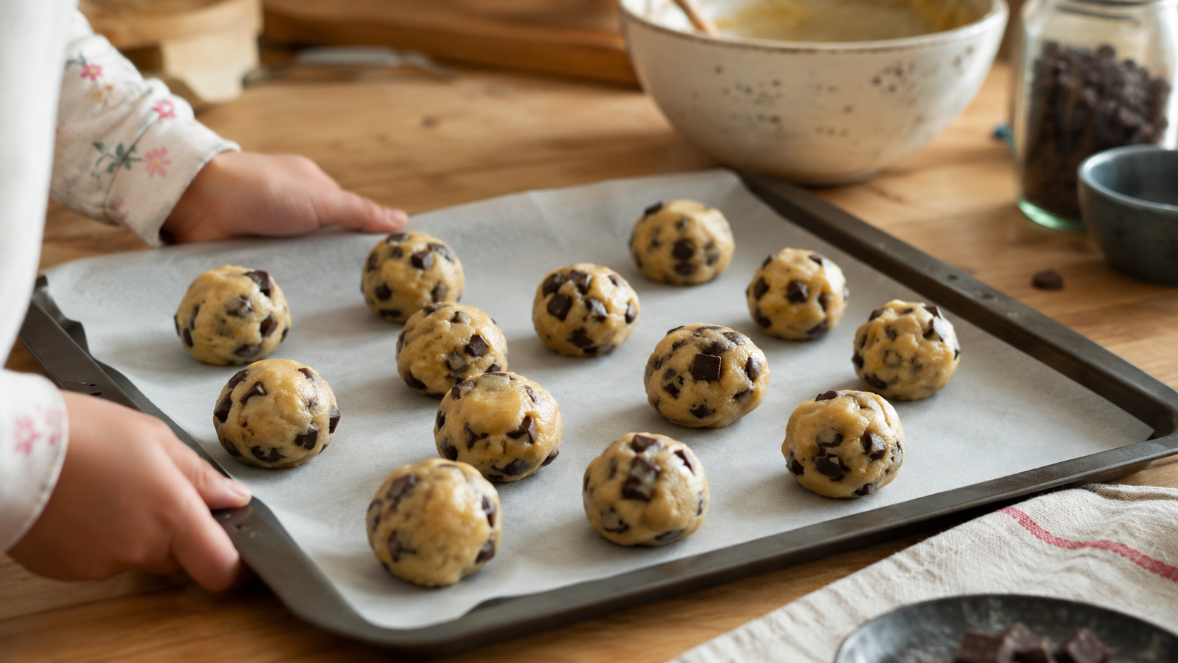 Pâte à cookies aux pépites de chocolat façonnée en boules sur une plaque avant cuisson