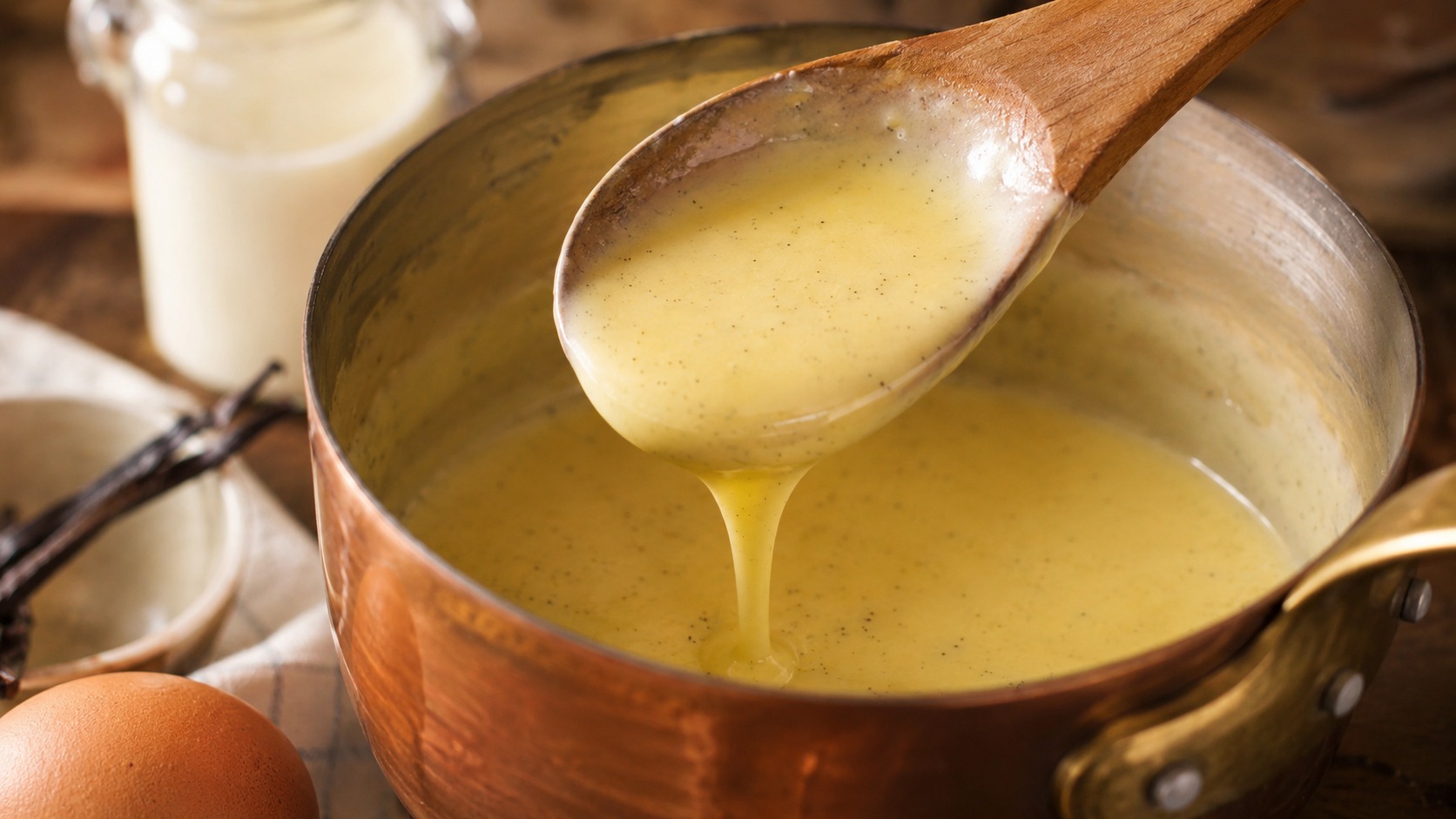 Crème anglaise vanillée qui nappe la cuillère dans une casserole en cuivre