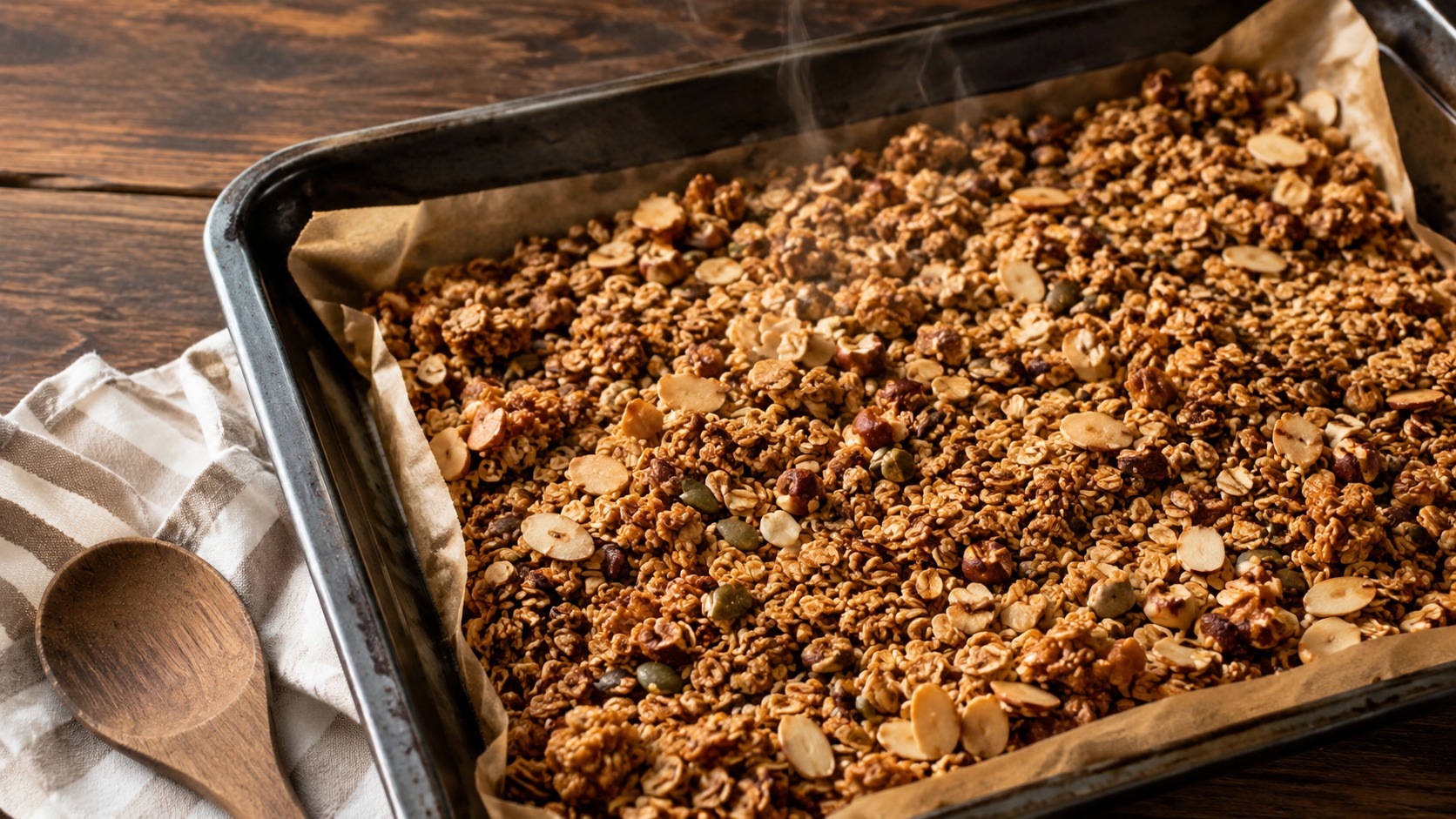 Granola maison sortant du four sur une plaque de cuisson