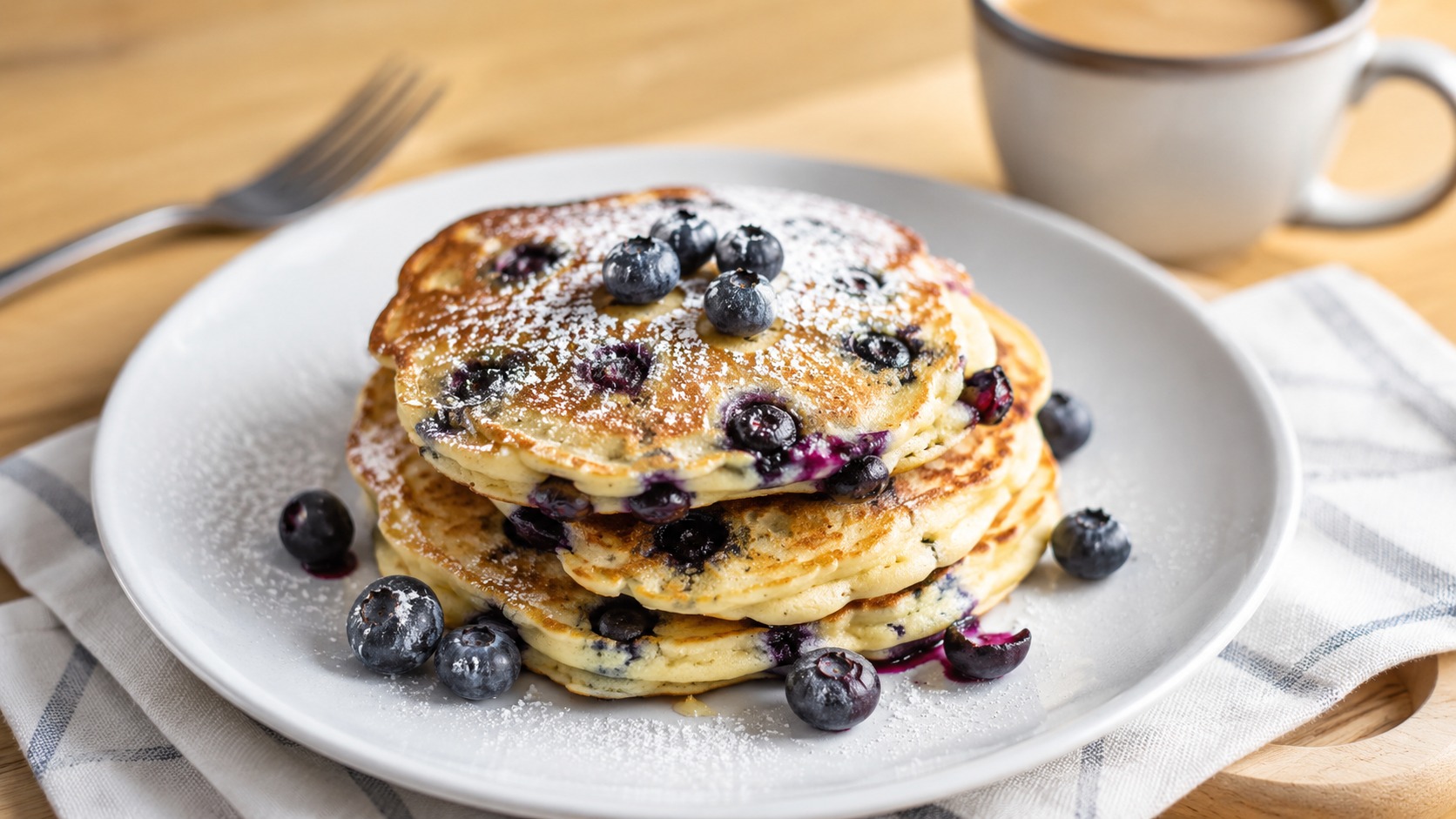 Pancakes aux myrtilles empilés sur une assiette avec sirop d'érable