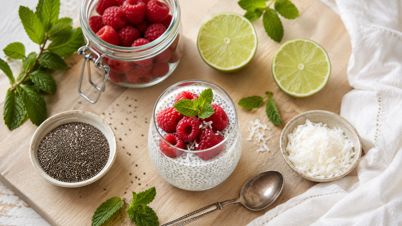 Ingredients du chia pudding : graines de chia, framboises, citron vert et noix de coco