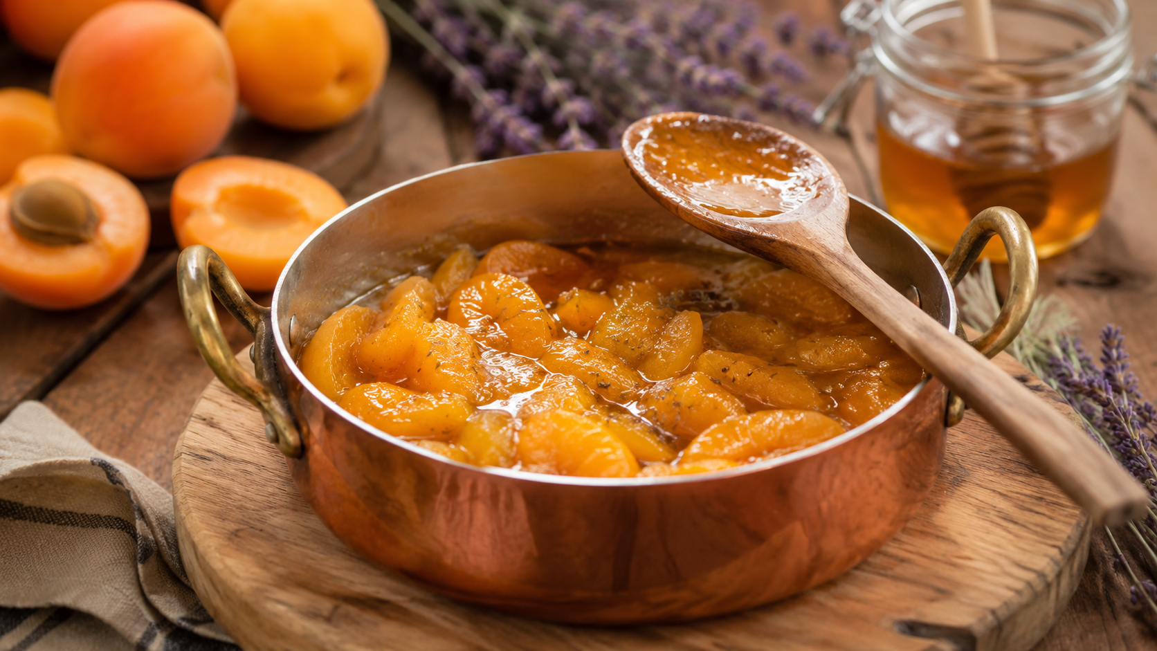 Compotée d’abricots au miel de lavande mijotant dans une casserole en cuivre