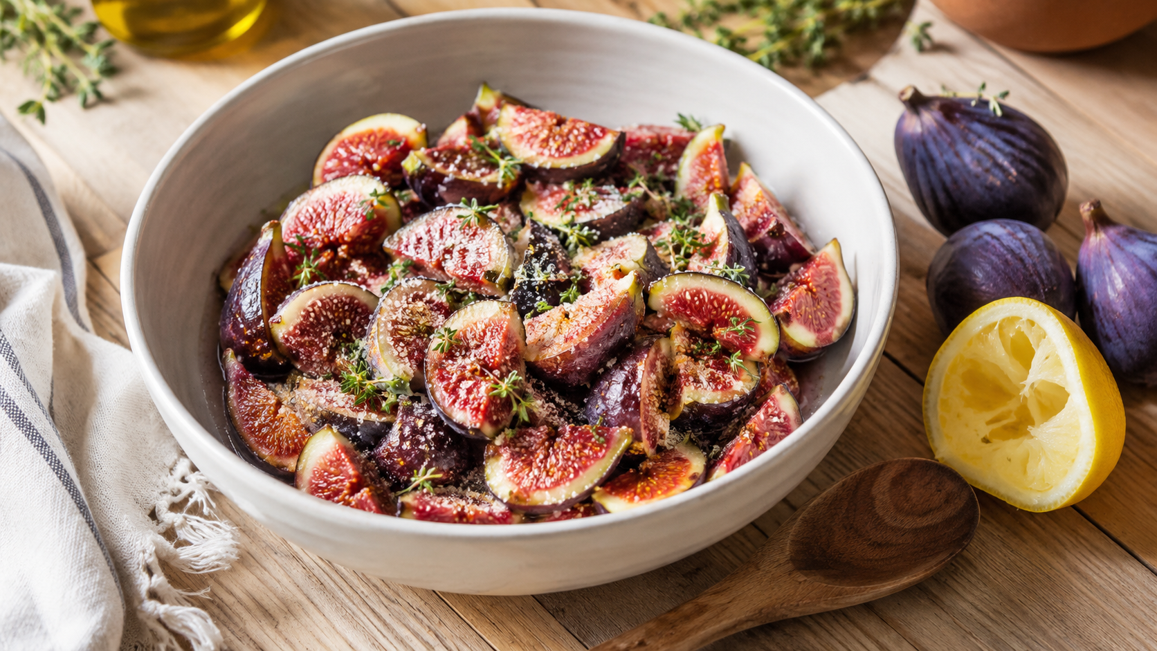 Figues violettes coupees macerant avec le sucre et le thym dans un saladier