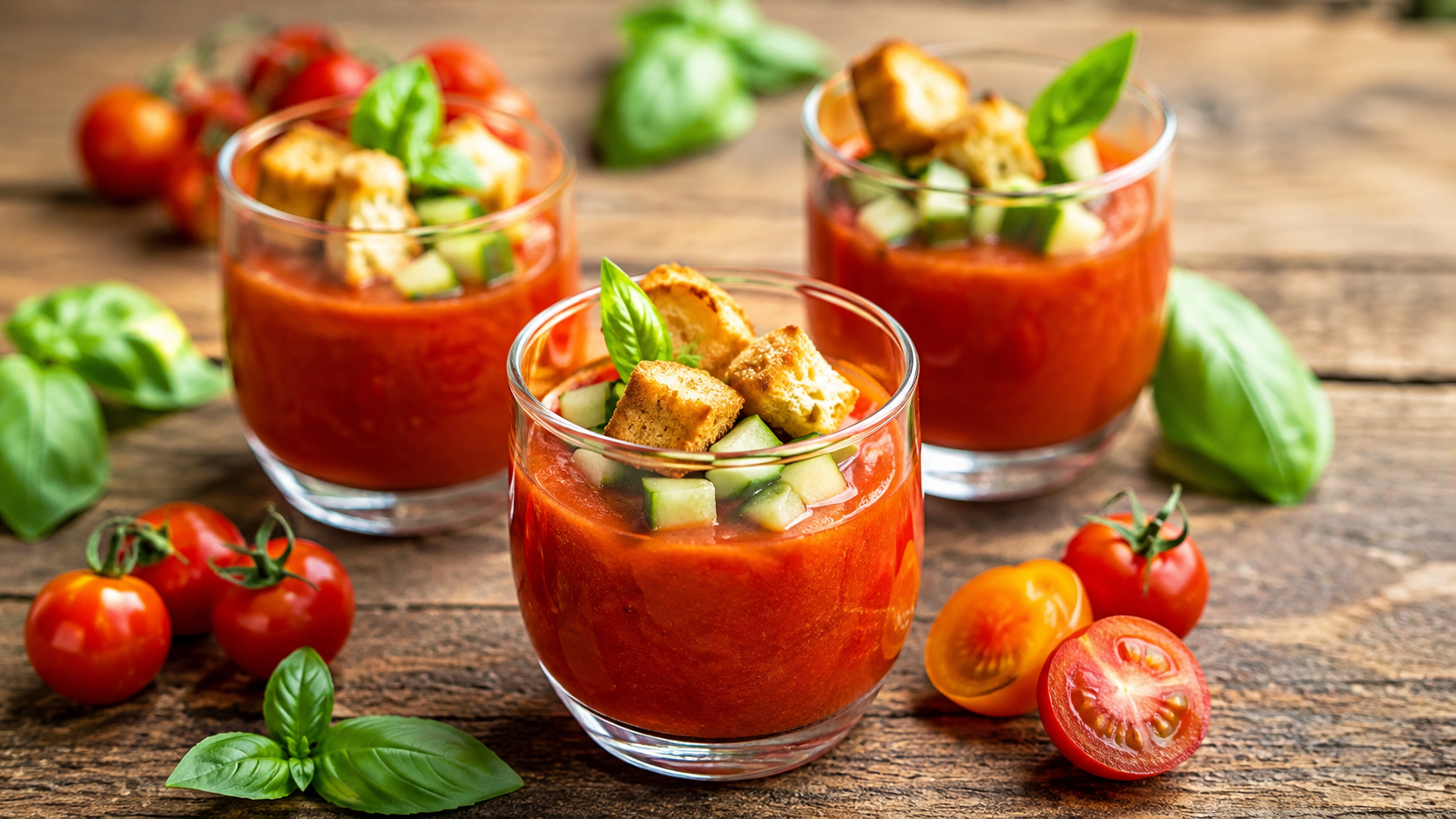 Bol de gaspacho andalou garni de brunoise de légumes et de croûtons