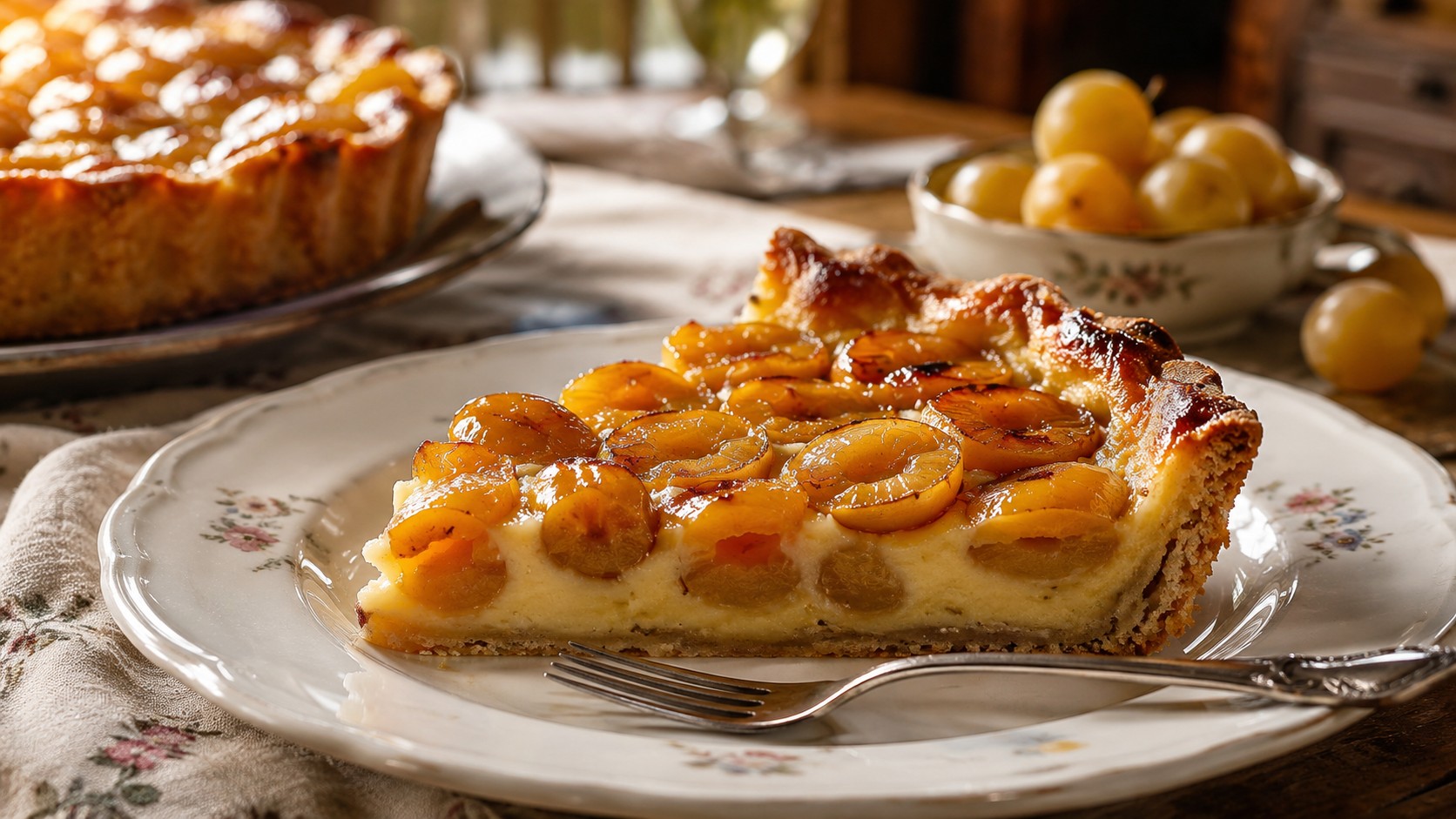 Part de tarte aux mirabelles à l'alsacienne avec migaine crémeuse