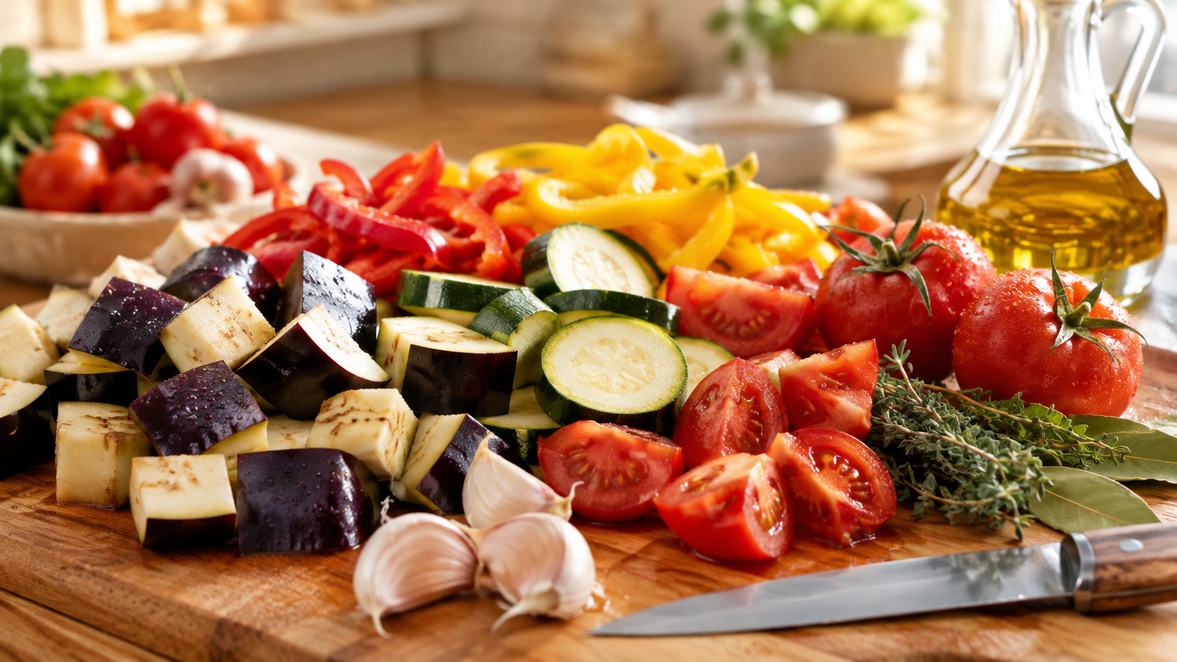 Legumes crus de la ratatouille sur planche a decouper