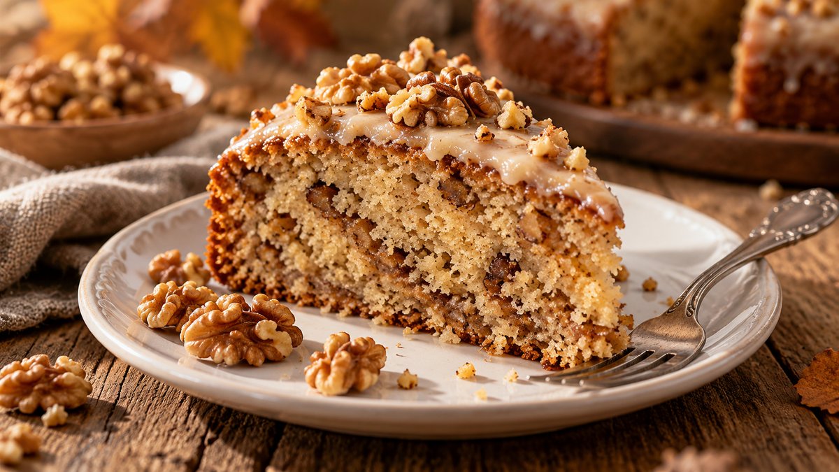 Part de gâteau aux noix moelleux montrant la texture aérée et fondante