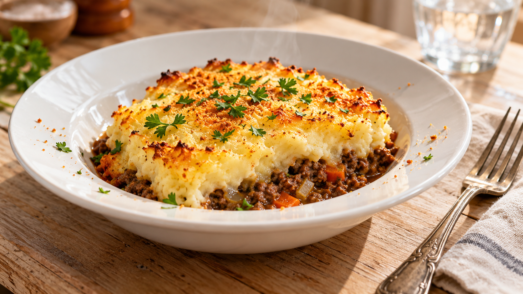 Portion de hachis parmentier servie dans une assiette creuse blanche