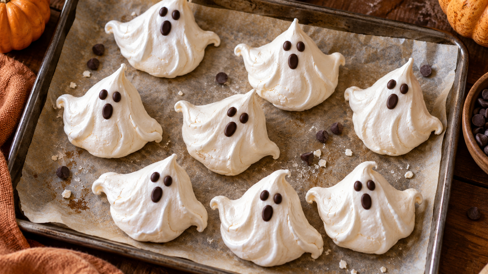 Petits fantômes en meringue blanche avec yeux en chocolat sur plaque de cuisson
